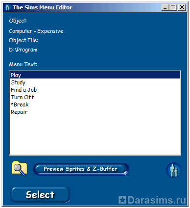 Переименование действий предмета с помощью The Sims Menu Editor Переименование действий предмета с помощью The Sims Menu Editor