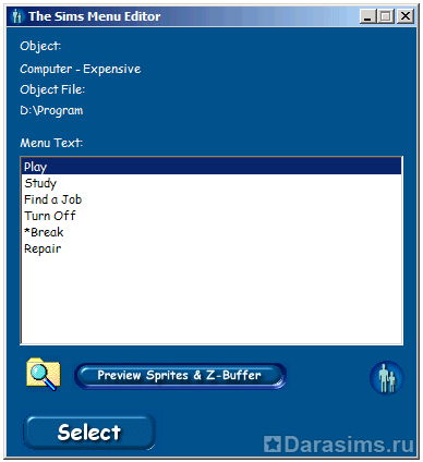 Переименование действий предмета с помощью The Sims Menu Editor