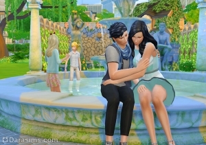 Влюбленные обнимаются у фонтана в Симс 4 Романтический сад